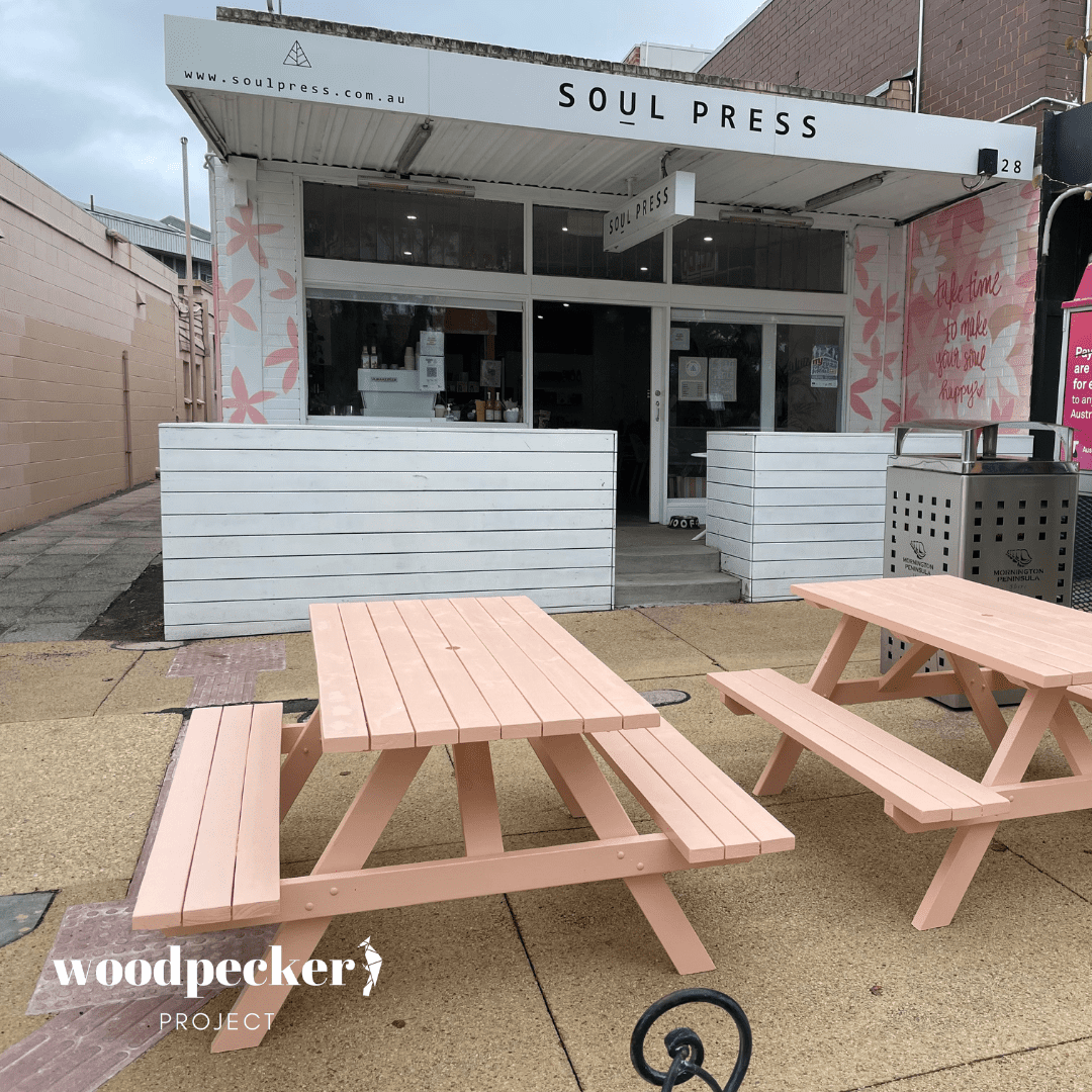 Picnic tables with attached seating for quick setup